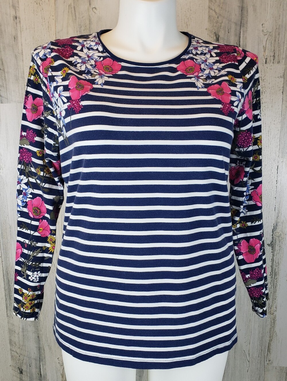 Talbots Striped Long Sleeve Top with Pink Floral Accents Size 1X